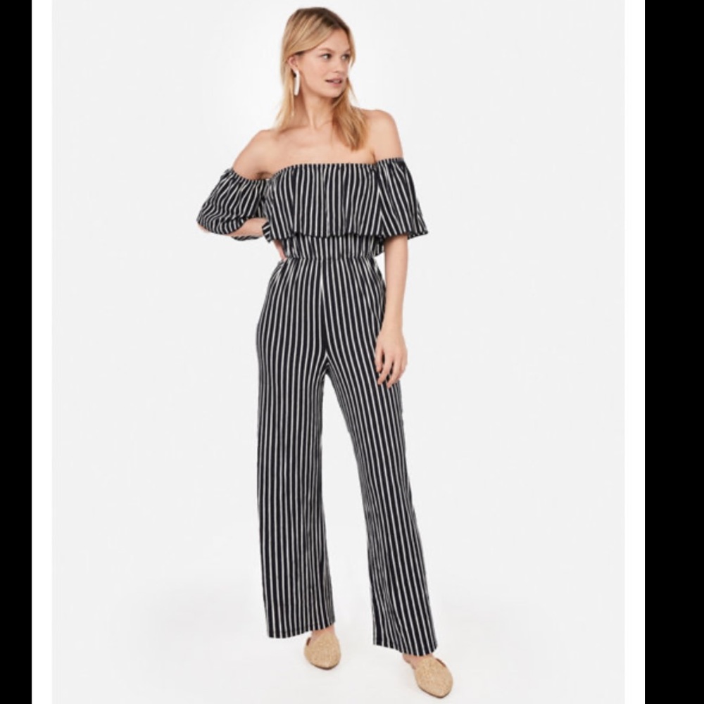 Express Striped Off the Shoulder Flounce Jumpsuit